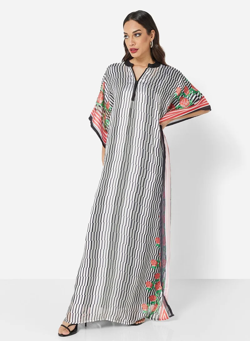 HANA & SARA SATIN SILK STRIPE PRINT WITH FLORAL BORDER FARASHA KAFTAN JALABIYA WITH HIGH NECK COLLAR