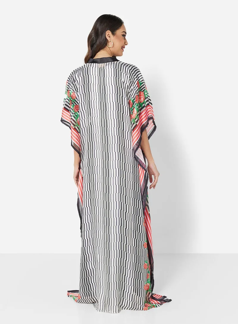 HANA & SARA SATIN SILK STRIPE PRINT WITH FLORAL BORDER FARASHA KAFTAN JALABIYA WITH HIGH NECK COLLAR