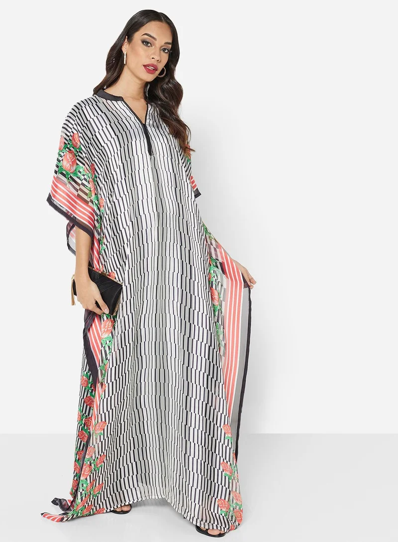 HANA & SARA SATIN SILK STRIPE PRINT WITH FLORAL BORDER FARASHA KAFTAN JALABIYA WITH HIGH NECK COLLAR