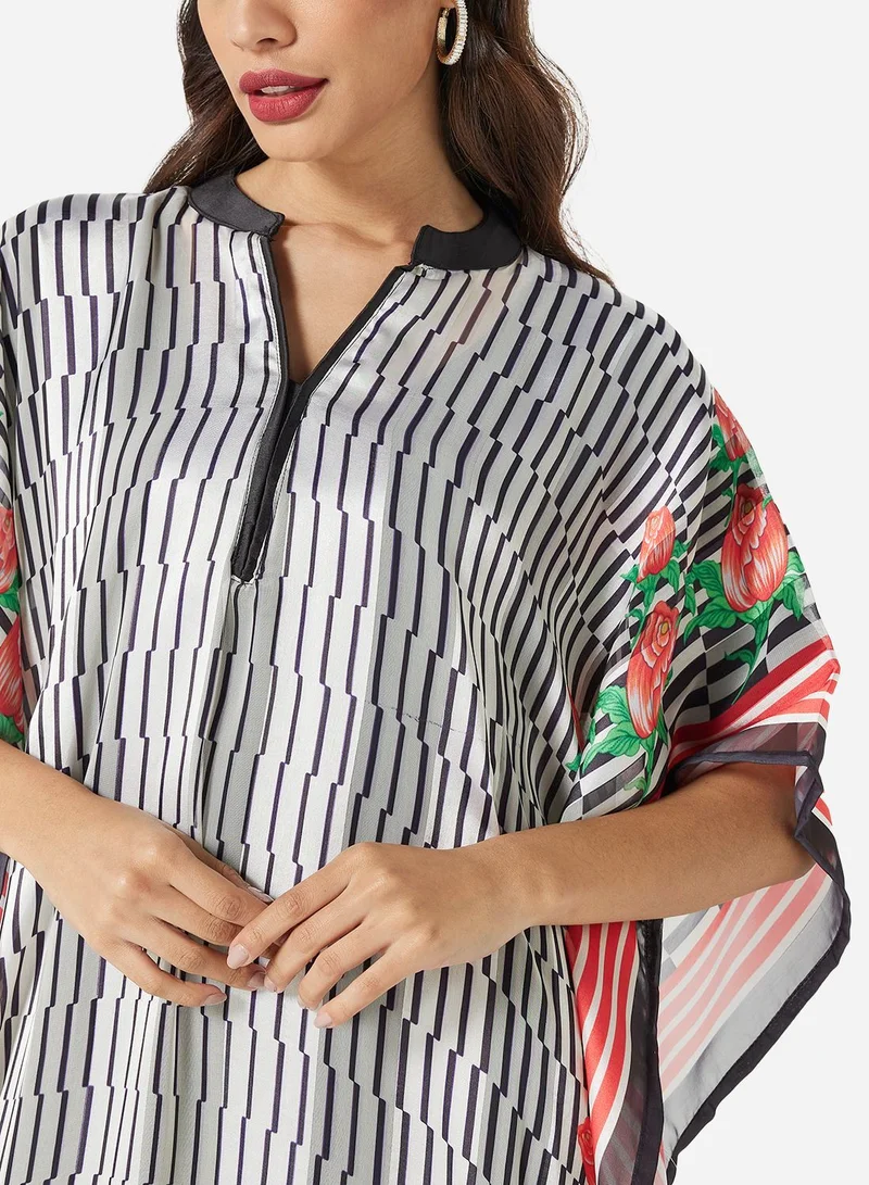 HANA & SARA SATIN SILK STRIPE PRINT WITH FLORAL BORDER FARASHA KAFTAN JALABIYA WITH HIGH NECK COLLAR
