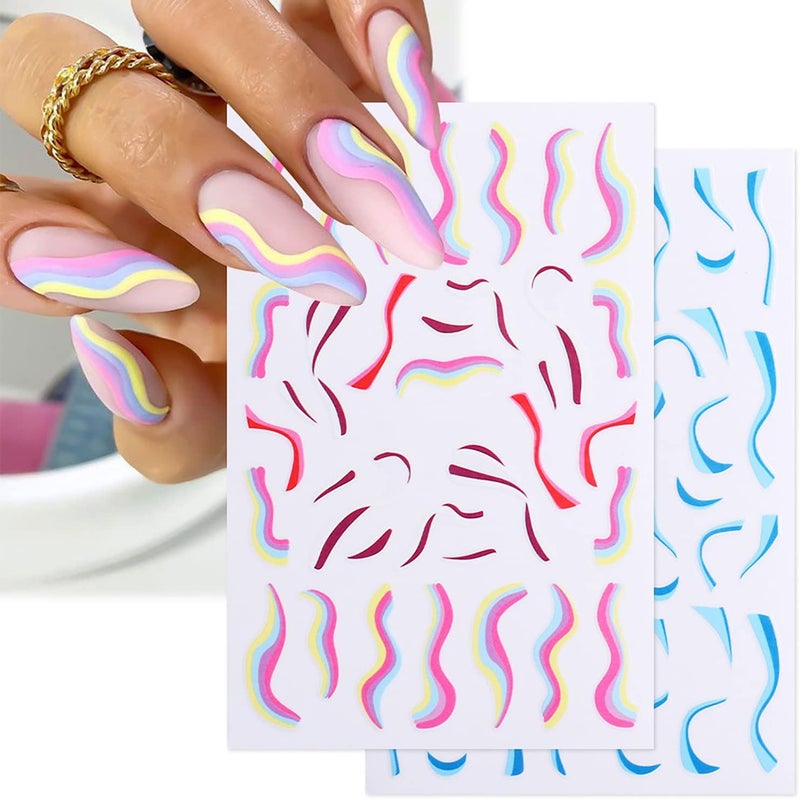 DANNEASY DANNEASY 12 Sheets Coloured Ribbon Nail Stickers Self Adhesive Nail Art Stickers Colorful Stripe Block Nail Decals Nail Design Stickers 3D Nail Decoration for Women Kids Girl