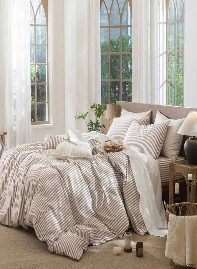 MooMee Striped Duvet Cover Set 100% Washed Cotton Linen Like Textured Breathable Durable Soft Comfy (Orange Classic Stripes, Cal King 104"x98") - Image 3