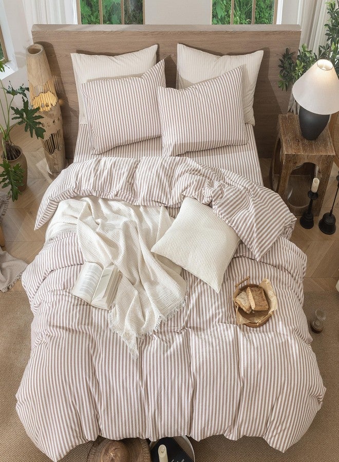 MooMee Striped Duvet Cover Set 100% Washed Cotton Linen Like Textured Breathable Durable Soft Comfy (Orange Classic Stripes, Cal King 104"x98") - Image 5