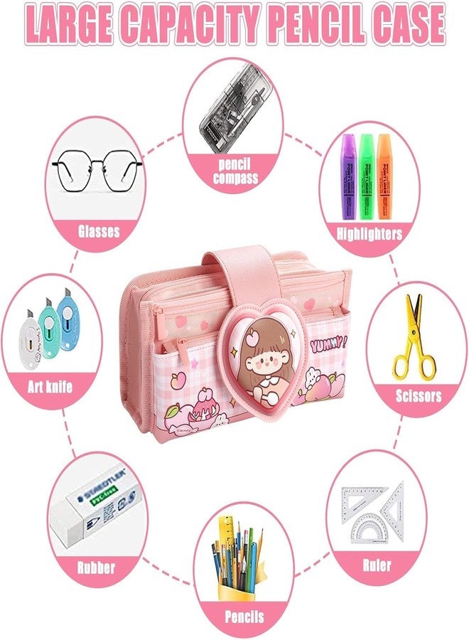 Ranjkri Canvas Kawaii Pencil Case Three Compartment Cute Aesthetic Pencil Case for Girls Large Capacity Pen Pencil Pouch Multifunctional Stationery Organizer for School Office Kids Use (Light Pink) - Image 3