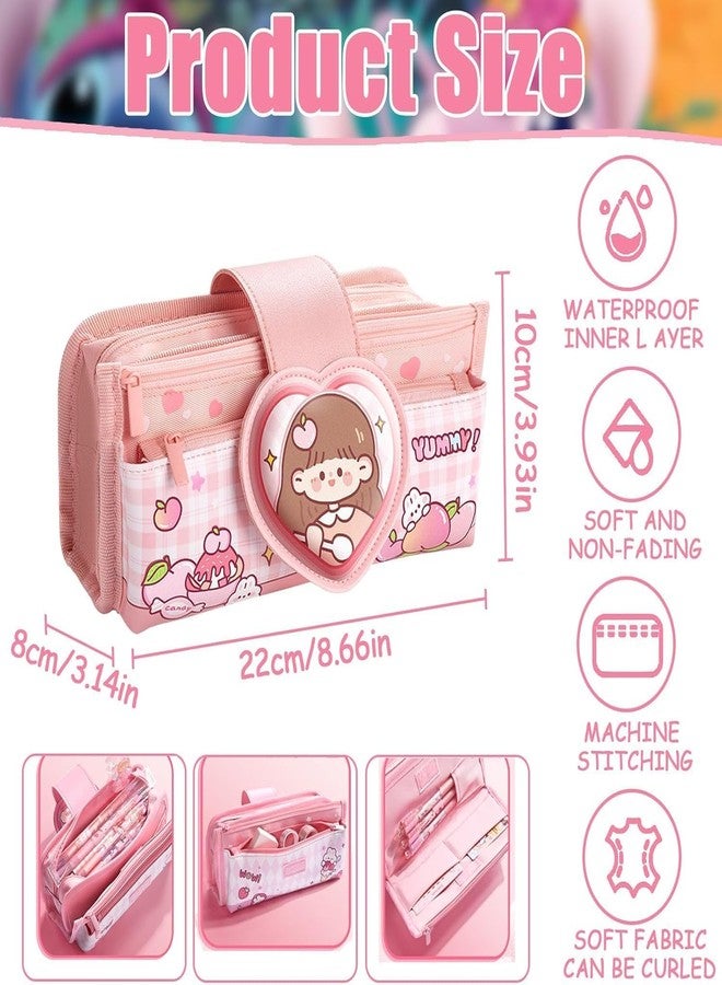 Ranjkri Canvas Kawaii Pencil Case Three Compartment Cute Aesthetic Pencil Case for Girls Large Capacity Pen Pencil Pouch Multifunctional Stationery Organizer for School Office Kids Use (Light Pink) - Image 2