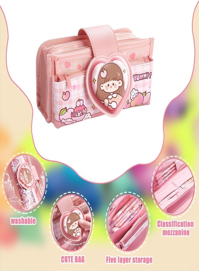 Ranjkri Canvas Kawaii Pencil Case Three Compartment Cute Aesthetic Pencil Case for Girls Large Capacity Pen Pencil Pouch Multifunctional Stationery Organizer for School Office Kids Use (Light Pink) - Image 4