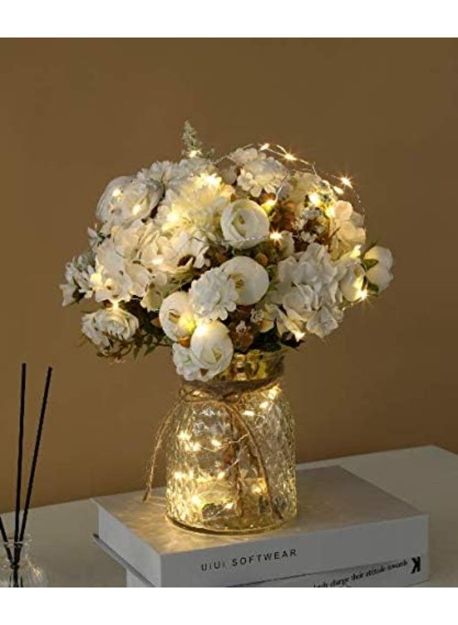 KELINGO Aitificial LED White Rose Flowers with Glass Vase, Flower Arrangement for Table Centerpiece, Home Office Wedding Decoration - Image 1