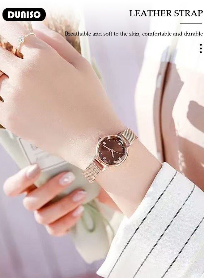 DUNISO Women's bracelet watch, compact and simple quartz watch, fashionable round watch, pointer-style retro exquisite watch - Image 4