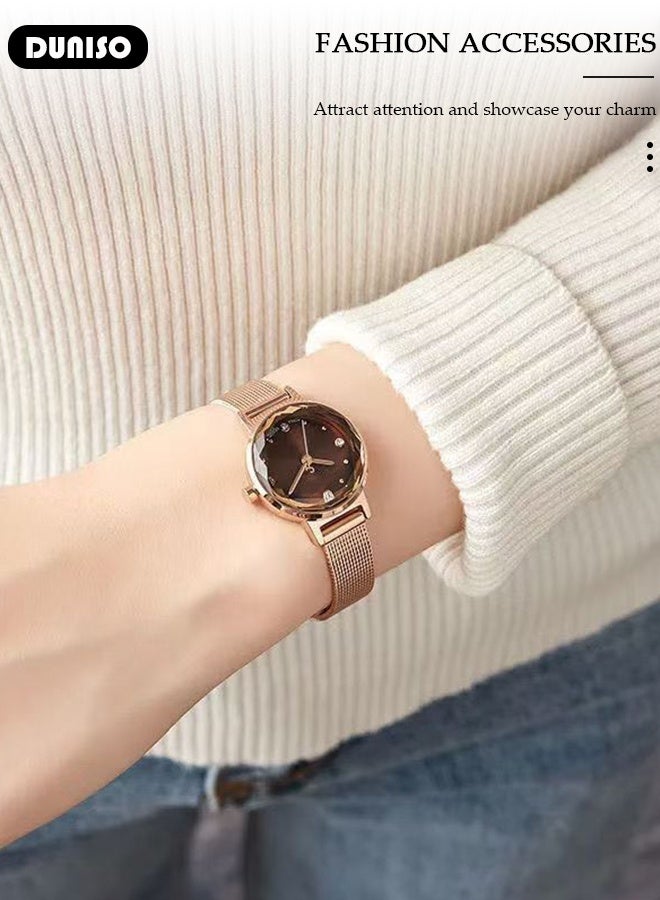 DUNISO Women's bracelet watch, compact and simple quartz watch, fashionable round watch, pointer-style retro exquisite watch - Image 3