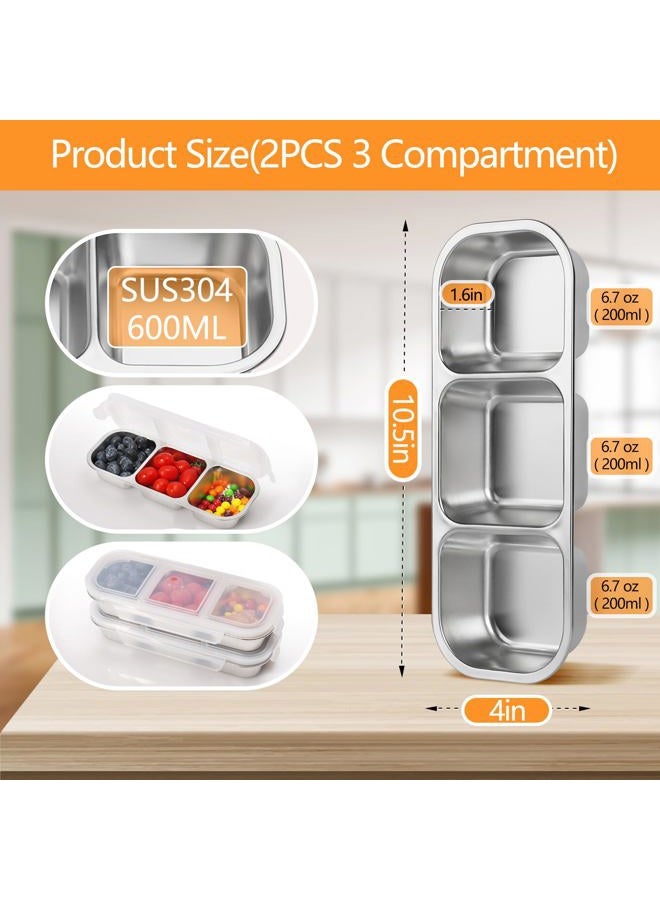 PTYTIFY Stainless Steel Snack Containers with Lids, 2 Pack Grab and Go Metal Snack Containers, 3 Compartment Reusable Stainless Steel Snack Box for Food Lunch Meal Prep (3 Compartment 2 PCS) - Image 2