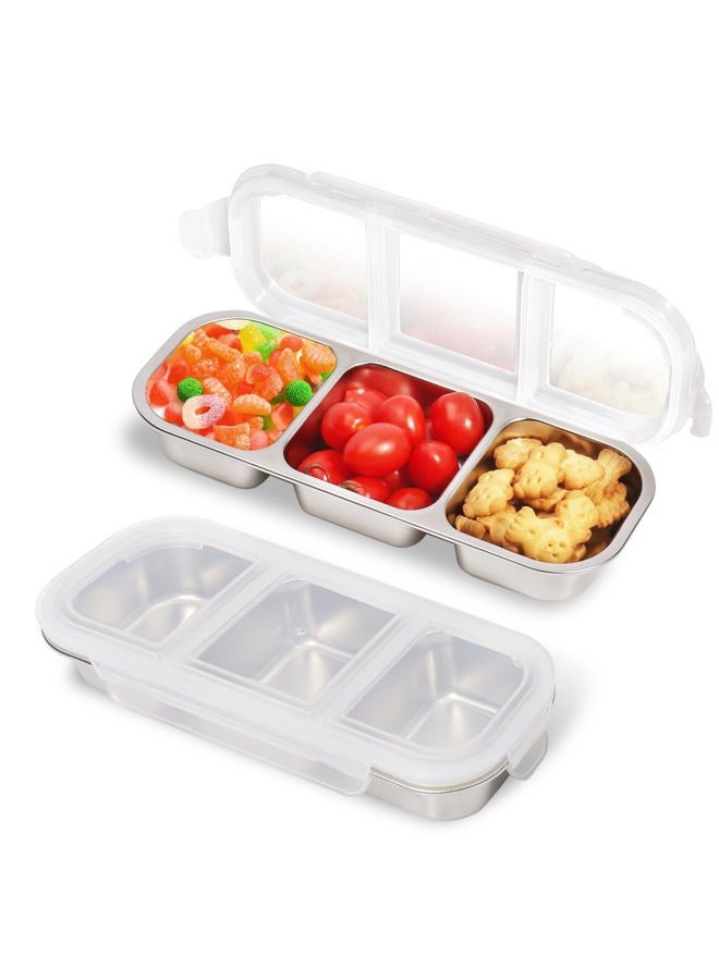 PTYTIFY Stainless Steel Snack Containers with Lids, 2 Pack Grab and Go Metal Snack Containers, 3 Compartment Reusable Stainless Steel Snack Box for Food Lunch Meal Prep (3 Compartment 2 PCS) - Image 1