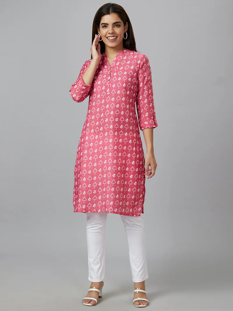 globus Globus Women Pink Ethnic Motifs Printed Mandarin Collar Straight Kurta