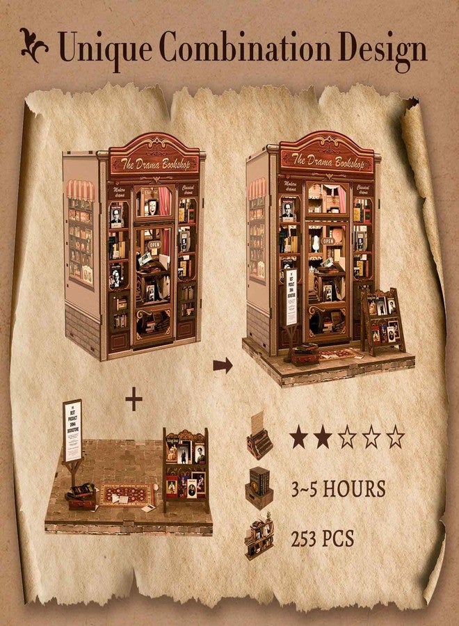Fsolis Book Nook Kit, DIY Miniature Bookshelf Diorama Kit for Adults Tiny House 3D Puzzle Booknook Adult Craft Gifts for Women Teenagers Book Lovers (The Drama Bookshop) - Image 3
