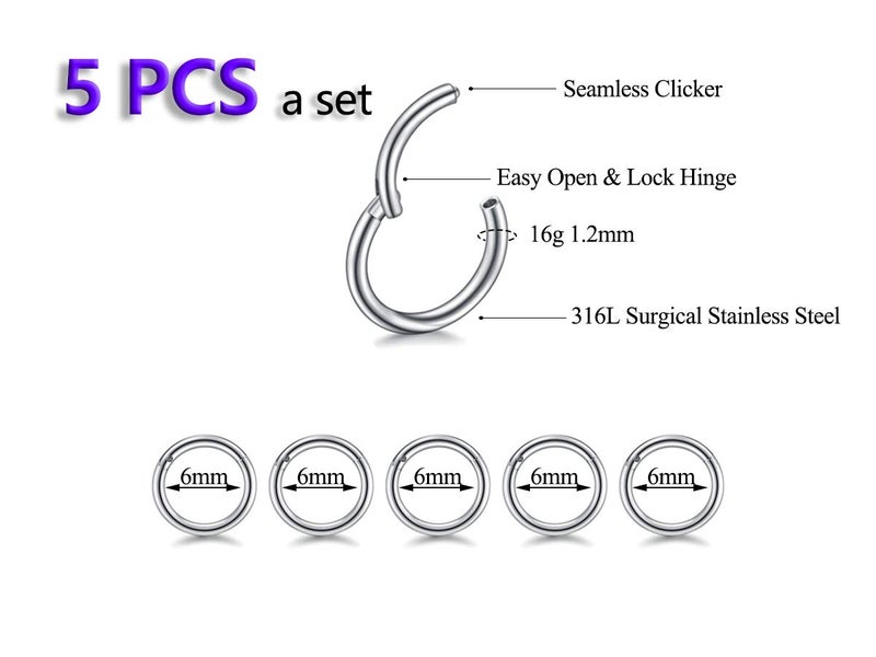 HQLA 5Pcs 16G 18G Surgical Steel Nose Rings Hoop Tragus Septum Cartilage Hoop Earrings For Women Men Body Piercing Jewelry Kit Bar Length 6mm/8mm/10mm/12mm/14mm (5Pcs -16G - Steel - 6mm) - Image 2