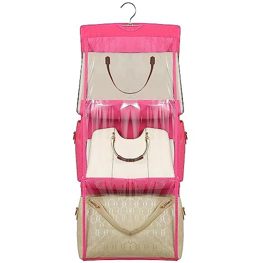 Coolkart 2 Pcs 6 Pockets Hanging Purse Handbag Organizer Clear Bag Storage Holder Purse Bag Wardrobe Pink Space Saving Organizers - Image 5