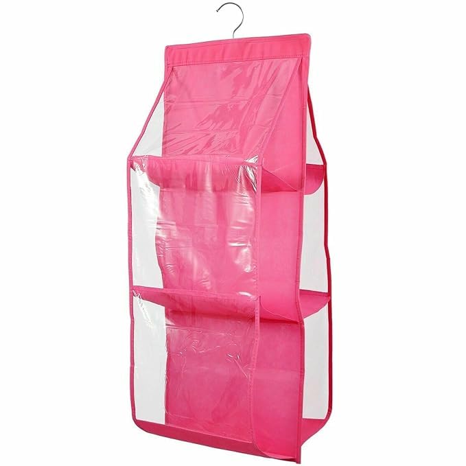 Coolkart 2 Pcs 6 Pockets Hanging Purse Handbag Organizer Clear Bag Storage Holder Purse Bag Wardrobe Pink Space Saving Organizers - Image 3
