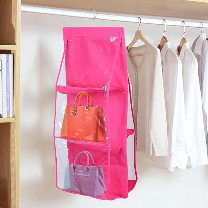 Coolkart 2 Pcs 6 Pockets Hanging Purse Handbag Organizer Clear Bag Storage Holder Purse Bag Wardrobe Pink Space Saving Organizers - Image 2