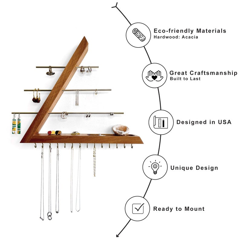 FigureGrain Jewelry Organizer Wall Mounted, Hardwood Hanging Jewelry Holder, Open Triangle Jewelry Display Shelf for Necklaces, Earrings, Rings and Bracelets, Gift for her, Patented (Acacia) - Image 4