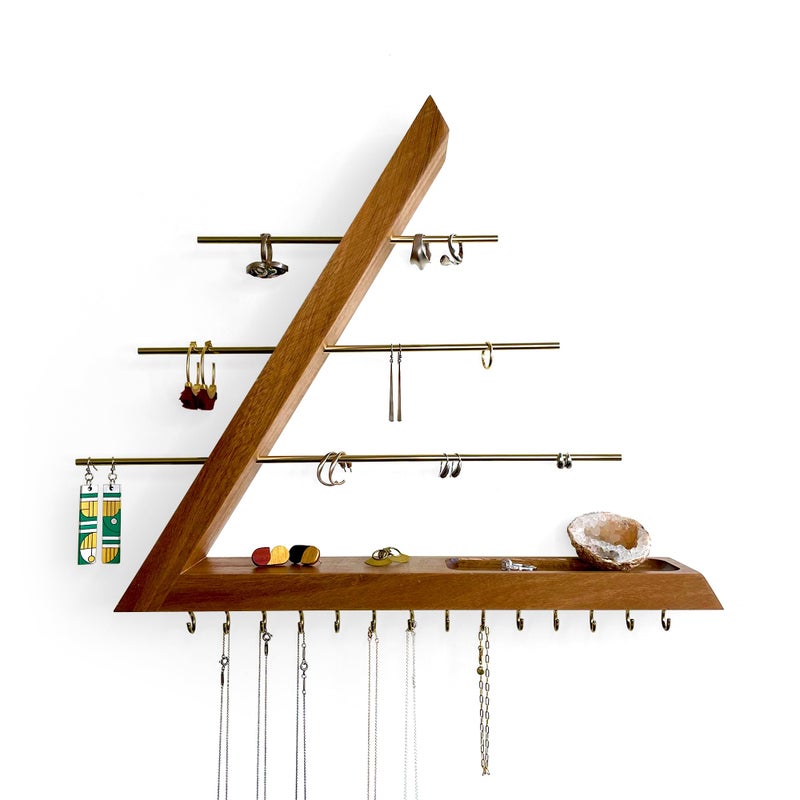 FigureGrain Jewelry Organizer Wall Mounted, Hardwood Hanging Jewelry Holder, Open Triangle Jewelry Display Shelf for Necklaces, Earrings, Rings and Bracelets, Gift for her, Patented (Acacia) - Image 1
