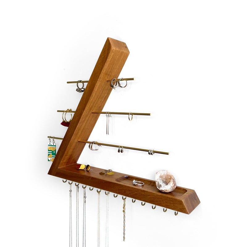 FigureGrain Jewelry Organizer Wall Mounted, Hardwood Hanging Jewelry Holder, Open Triangle Jewelry Display Shelf for Necklaces, Earrings, Rings and Bracelets, Gift for her, Patented (Acacia) - Image 2