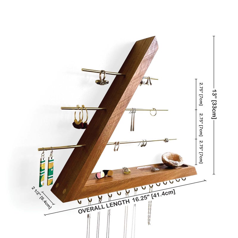 FigureGrain Jewelry Organizer Wall Mounted, Hardwood Hanging Jewelry Holder, Open Triangle Jewelry Display Shelf for Necklaces, Earrings, Rings and Bracelets, Gift for her, Patented (Acacia) - Image 3