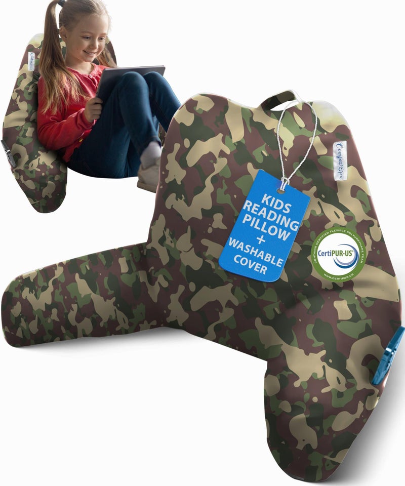 ComfortSpa Reading Pillow for Kids Teens Adult, Back Rest Pillow with Arms, Pockets, Washable Cover; Use as Back Pillow for Bed Sitting Up for Bedrest, Relief from GERD Heartburn (Standard Camouflage) - Image 1