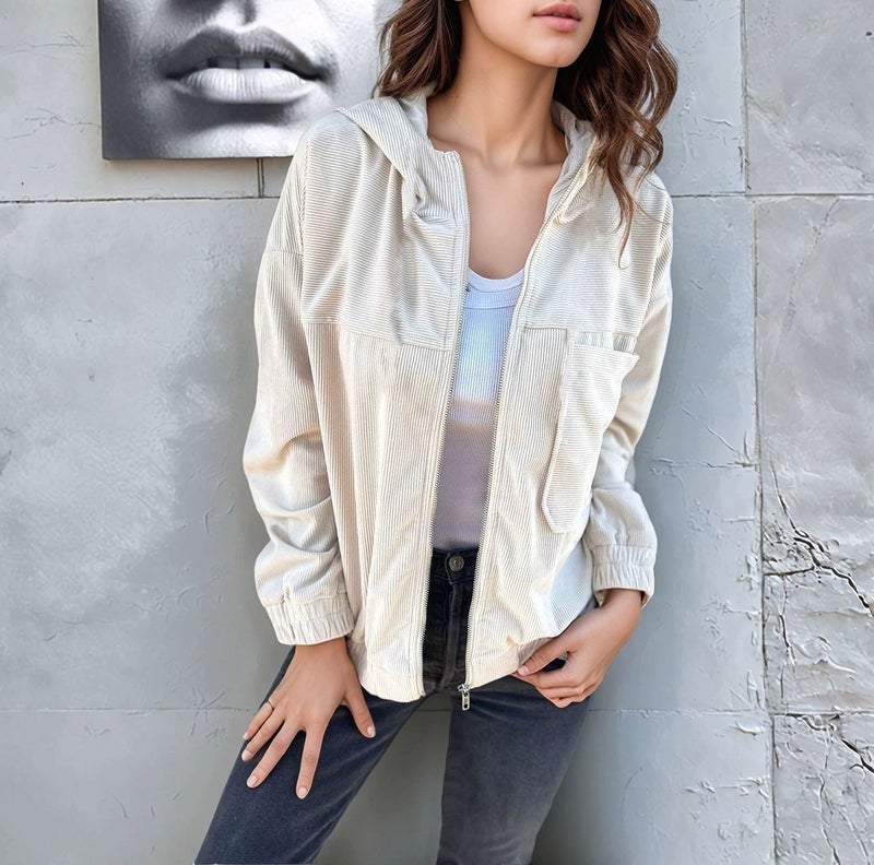 Corduroy Hooded Jacket Women Casual Long Sleeve Outerwear - Image 1