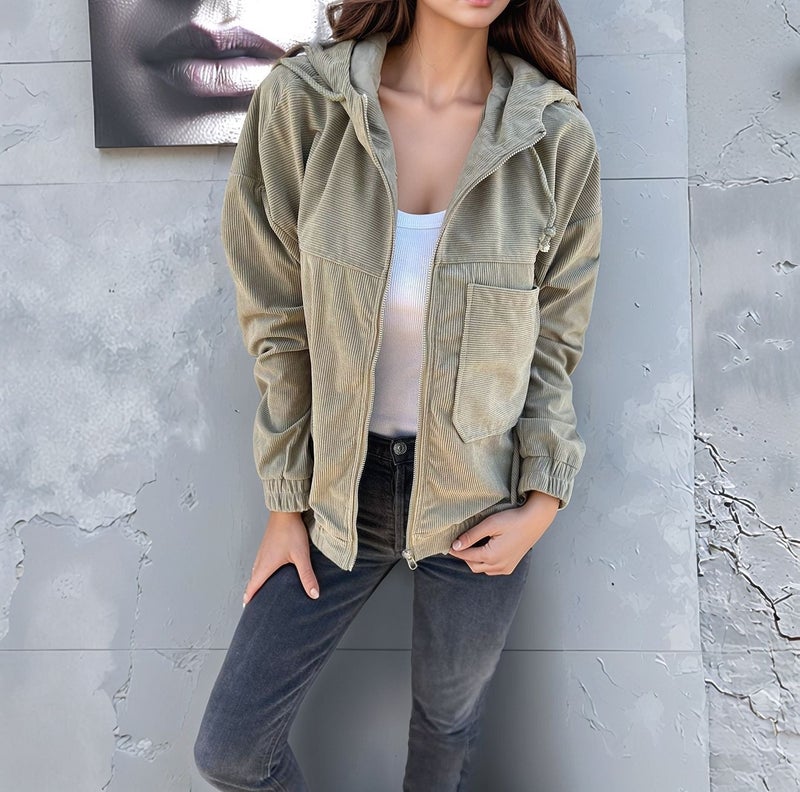 Corduroy Hooded Jacket Women Casual Long Sleeve Outerwear - Image 3