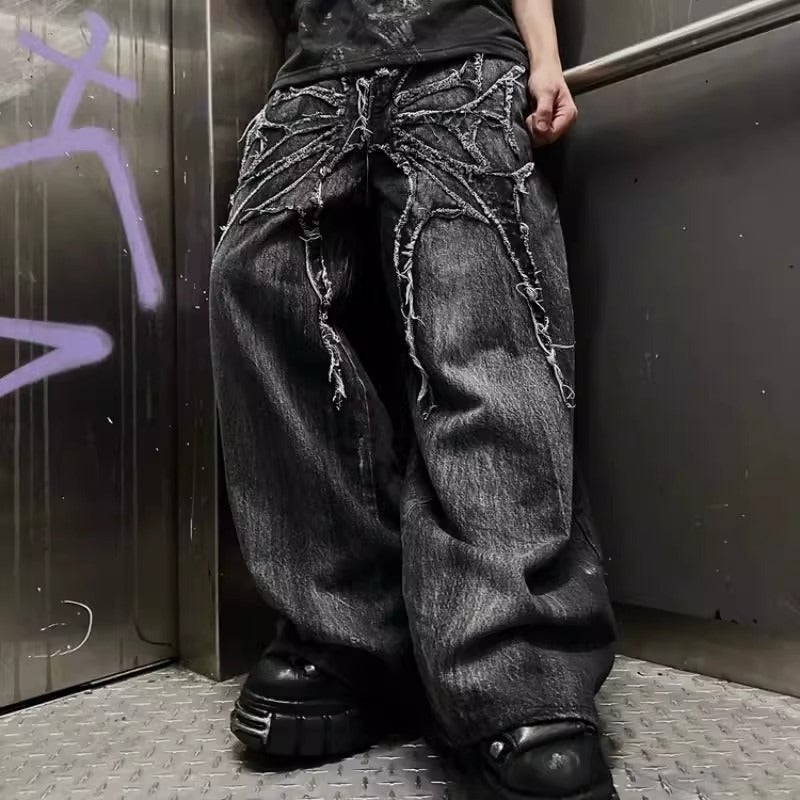 Jeans American Street Style Washed Youthful Trendy Retro Cool Vintage Wide-Leg Pants Ins - Image 1