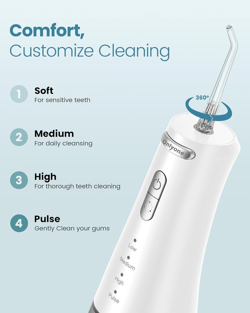 Onlyone Water Dental Flosser 300ML Portable Oral Irrigator for Teeth 4 Modes and 5 Jet TipsRechargeable Irrigation CleanerElectric Flossing Machine Power Flossers Irrigator Accessories White - Image 3