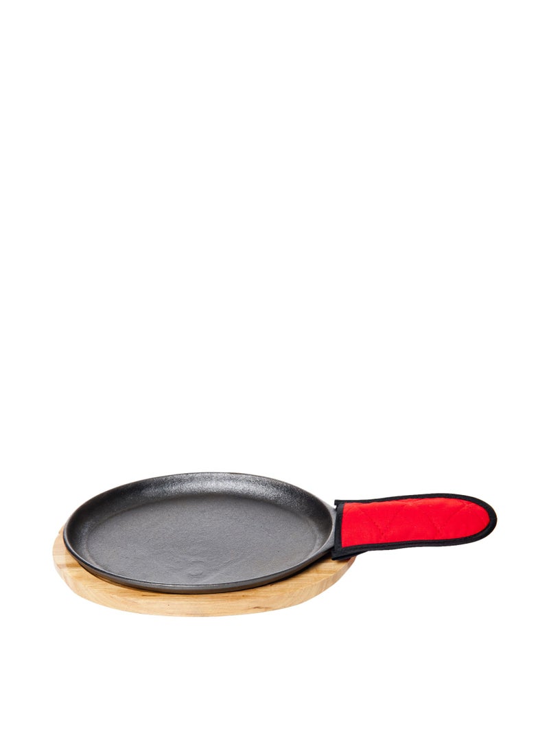 Old Mountain Pre-Seasoned Cast Iron Mid Size Fajita Plate Set, 12.25-inch L X 6.25-inch W, Wood Base and Cotton Mitt - Image 2