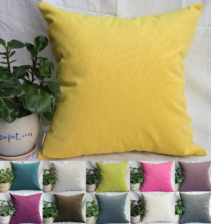 SOLID VELVET DECORATIVE PILLOW COVERSEURO PILLOW SHAMS SUPER SOFT VELOUR MICRO EMBOSSED LEAF TEXTURE AND SHAPE 28X28 YELLOW