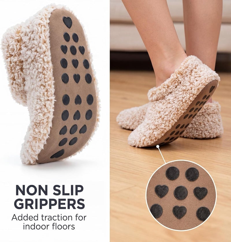 Cozylook Fuzzy Slippers for Women - Warm Indoor Slip-On Shoes with Non-Slip Grippers, Taupe, Size 7-8 - Image 5