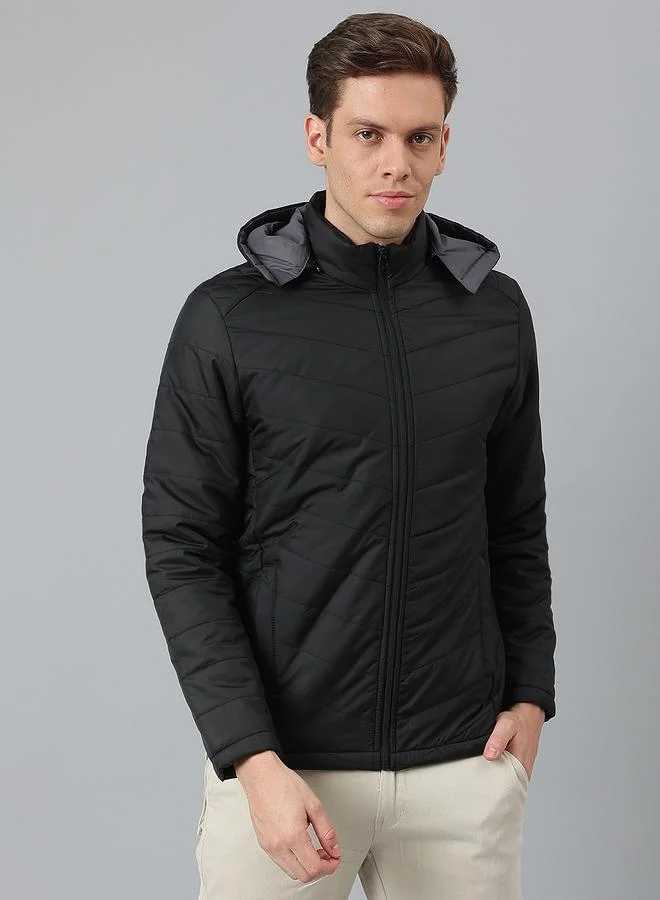 Dennis Lingo  Black Regular Fit Men's Hooded Solid Polyester Jacket with Zipper Closure for Men | Best Price UAE