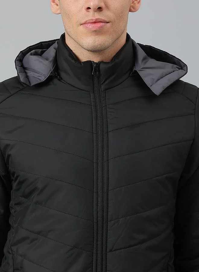 Dennis Lingo  Black Regular Fit Men's Hooded Solid Polyester Jacket with Zipper Closure for Men | Best Price UAE