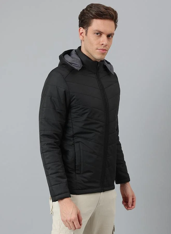 Dennis Lingo  Black Regular Fit Men's Hooded Solid Polyester Jacket with Zipper Closure for Men | Best Price UAE