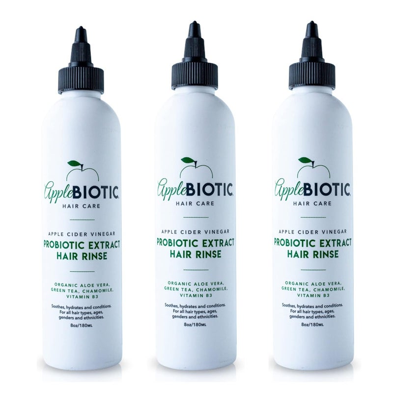 AppleBiotic Apple Cider Vinegar Hair Rinse 3PK - Scalp Cleanser & Scalp Buildup Remover, Organic Aloe Vera, Probiotic Extract, Green Tea, Sulfate Free, Color Safe - Removes Product Buildup, Boosts Softness, Shine 