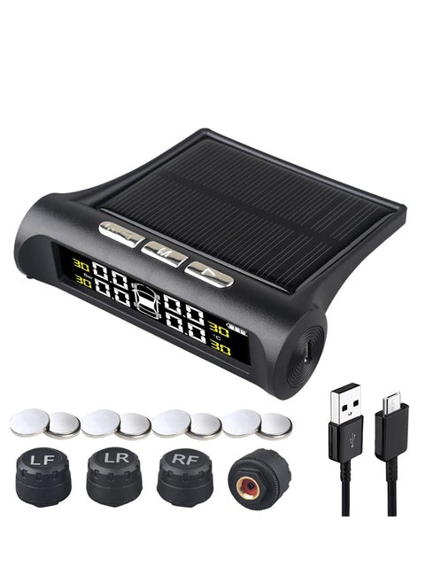 SYOSI Tire Pressure Monitoring System TPMS, 4 Sensor TPMS for Truck Rv Trailer Car with 6 Alarm Modes and Solar Power / USB Charge Large Screen, Long Endurance Battery Life