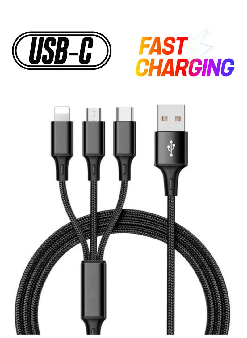 Nylon 3 in 1 fast Charging Cable for Type-C, Micro and iPhone Pins,Smart Charge 3 Port Data Charging Cable,power line(3 in 1 cable)  - Image 1