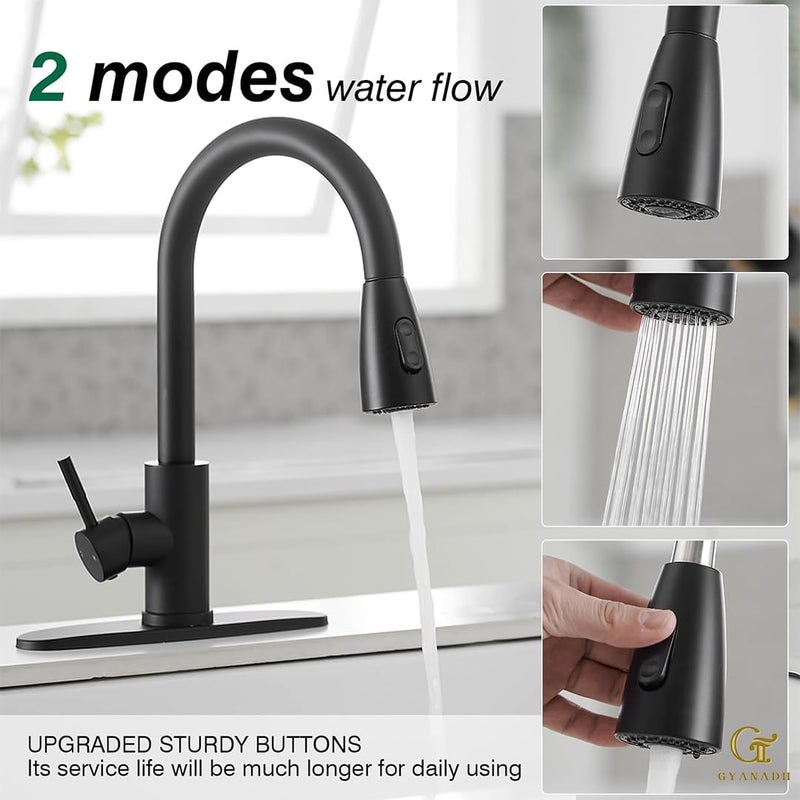 Gyanadh Stainless Steel Kitchen Sink Faucet Deck Mount PullOut Crane Hot Cold Water Mixer Tap with 360 Rotation Single Hole Sprayer Splash Filter Adapter Two Outlet Modes Polished Finish - Image 2