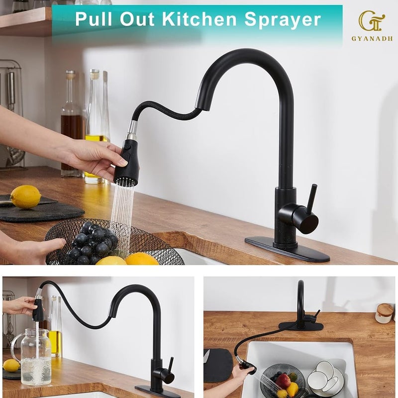 Gyanadh Stainless Steel Kitchen Sink Faucet Deck Mount PullOut Crane Hot Cold Water Mixer Tap with 360 Rotation Single Hole Sprayer Splash Filter Adapter Two Outlet Modes Polished Finish - Image 5