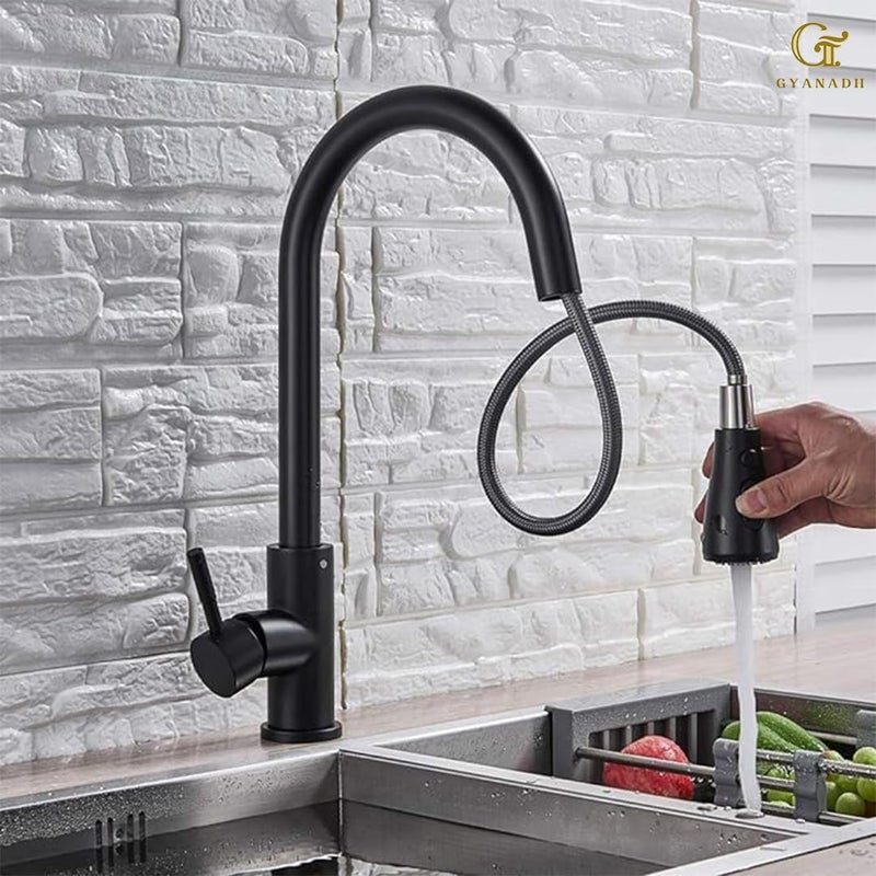 Gyanadh Stainless Steel Kitchen Sink Faucet Deck Mount PullOut Crane Hot Cold Water Mixer Tap with 360 Rotation Single Hole Sprayer Splash Filter Adapter Two Outlet Modes Polished Finish - Image 3