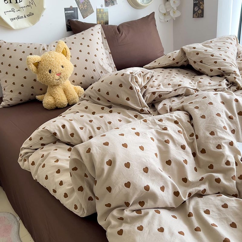 Nayoroom Brown Heart Duvet Cover Queen Size Vintage Hearts Printed on Taupe Comforter Cover Kids Girls 3 Pcs Soft Microfiber Farmhouse Bedding Set with Zipper Closure - Image 3
