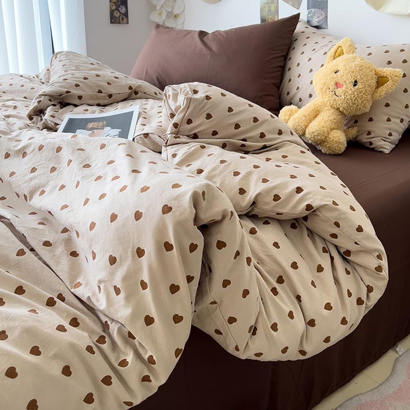 Nayoroom Brown Heart Duvet Cover Queen Size Vintage Hearts Printed on Taupe Comforter Cover Kids Girls 3 Pcs Soft Microfiber Farmhouse Bedding Set with Zipper Closure - Image 2