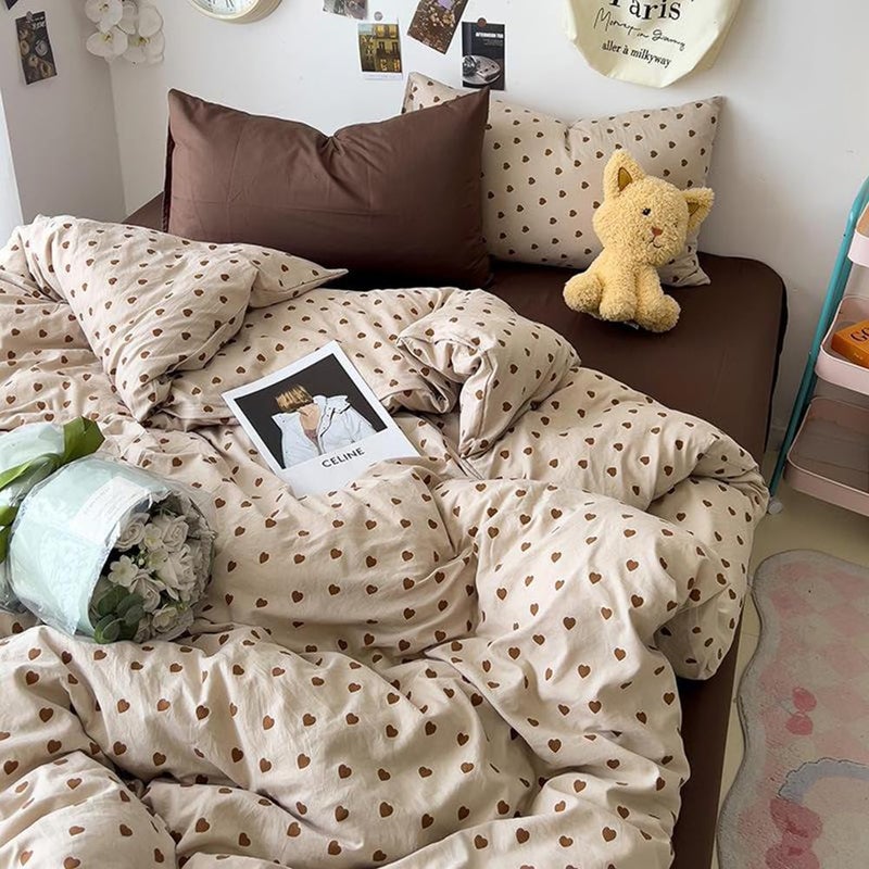 Nayoroom Brown Heart Duvet Cover Queen Size Vintage Hearts Printed on Taupe Comforter Cover Kids Girls 3 Pcs Soft Microfiber Farmhouse Bedding Set with Zipper Closure - Image 4