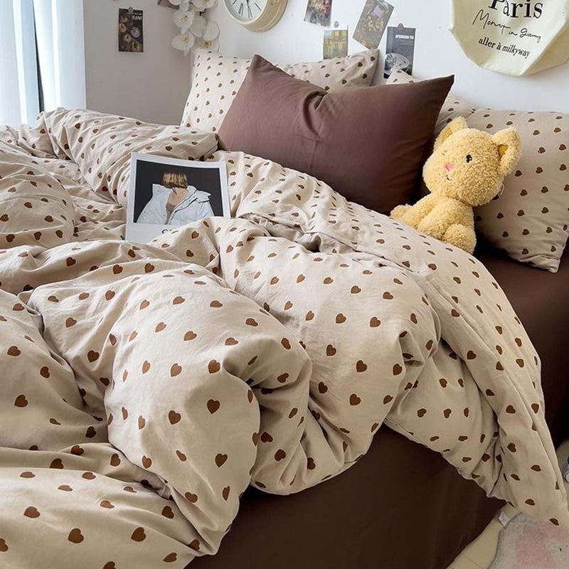 Nayoroom Brown Heart Duvet Cover Queen Size Vintage Hearts Printed on Taupe Comforter Cover Kids Girls 3 Pcs Soft Microfiber Farmhouse Bedding Set with Zipper Closure - Image 1