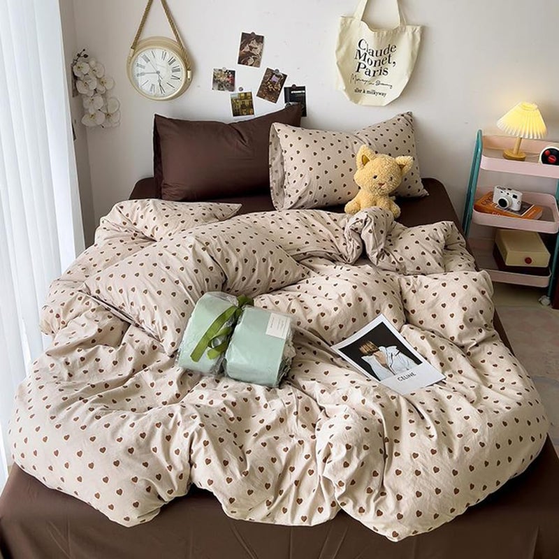 Nayoroom Brown Heart Duvet Cover Queen Size Vintage Hearts Printed on Taupe Comforter Cover Kids Girls 3 Pcs Soft Microfiber Farmhouse Bedding Set with Zipper Closure - Image 5