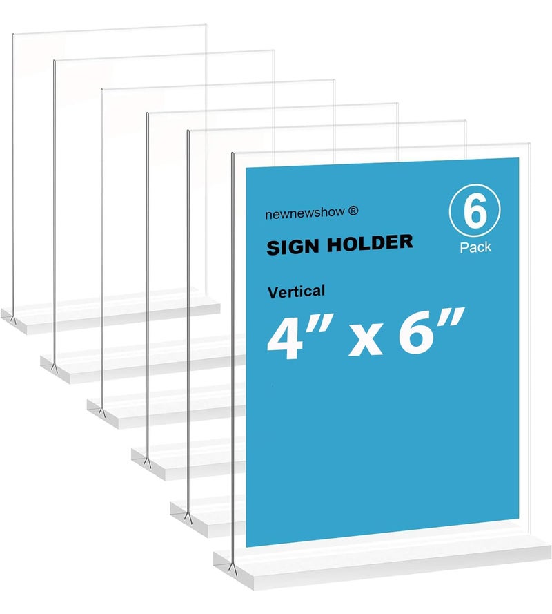 newnewshow 4x6 Inch Clear Acrylic Sign Holder, Display Stand, Plastic Card Holder for Business, Office, Retail (4x6 Inch 6 Pack) - Image 1