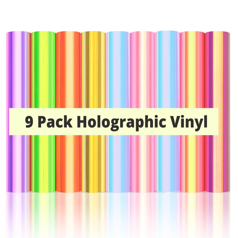 فيلم هولوجرافيك دائم HTVRONT 9 ورقات فيلم هولوجرافيك دائم لآلة القطع 9 عبوة 12 × 12 حزمة لاصقة سهلة الاستخدام لنقل الأوراق اللاصقة المتلألئة