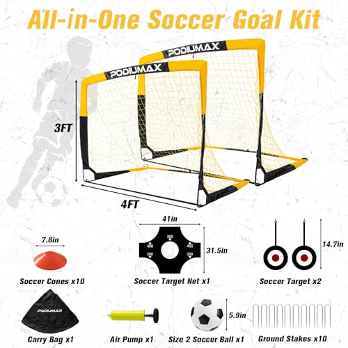 PodiuMax Kids Soccer Goal Set of 2, 4x3ft Pop up Portable Soccer Goals for Backyard, Soccer Net for Kids Age 3 4 5 6 7 8, Toddler Soccer Goal Gift with 1 Ball, 1 Target Net, 10 Cones, 2 Targets - Image 2